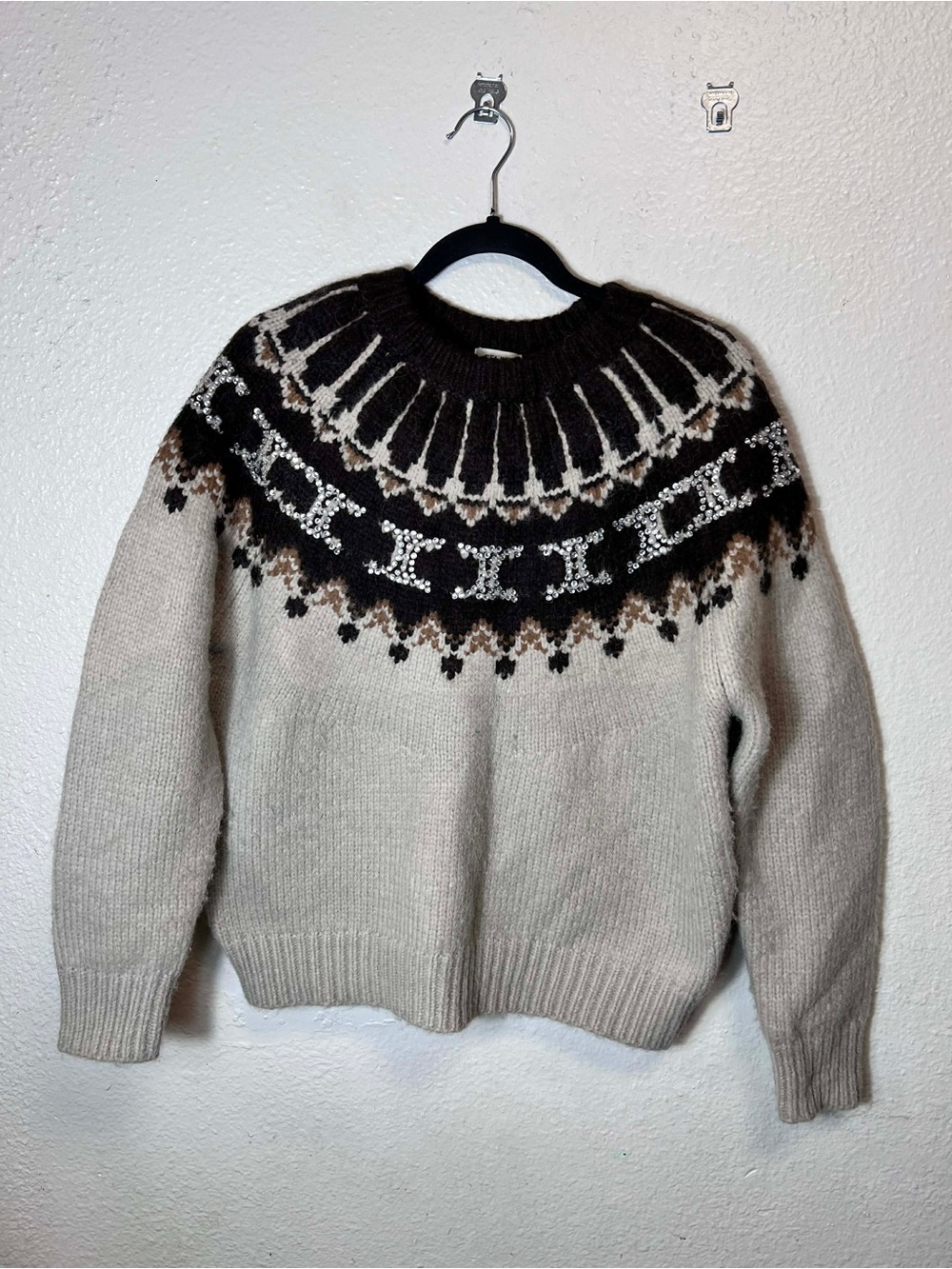 Celine Two-Tone Brown and Cream Ribbed Knit Sweater